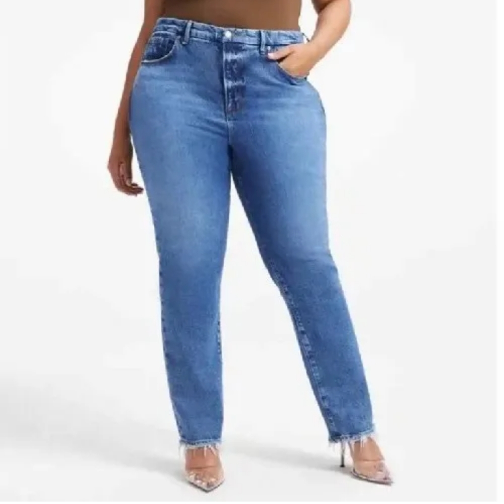 Good American Jeans Icon Natural Frayed Hem Blue Denim Zip Fly Plus 20W Nwt